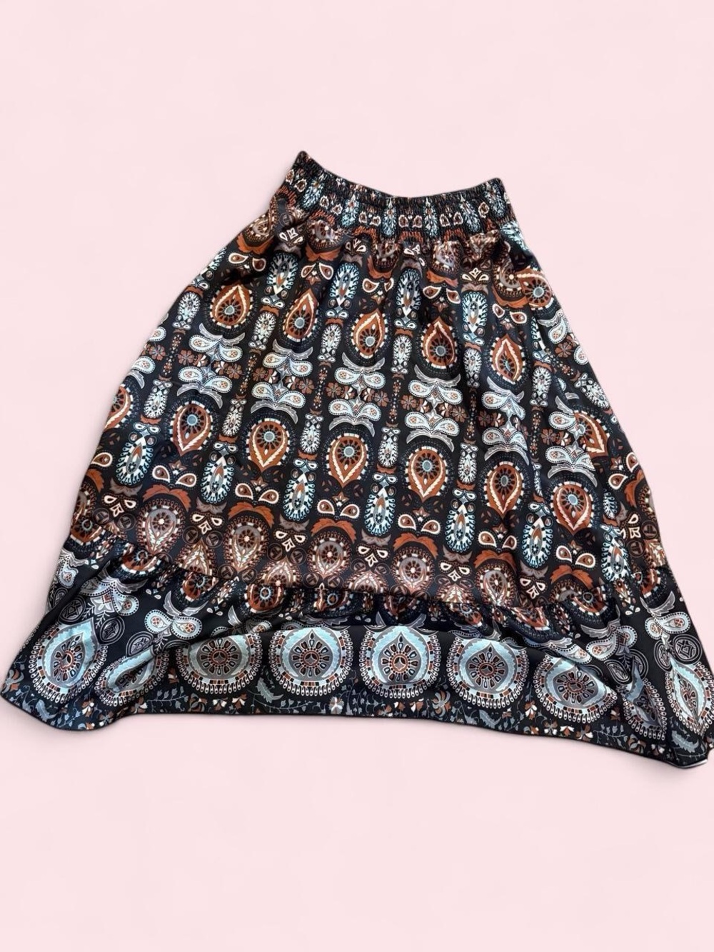 Boho Patterned Elastic Waist Midi Skirt - Black & Brown - Picture 2 of 6